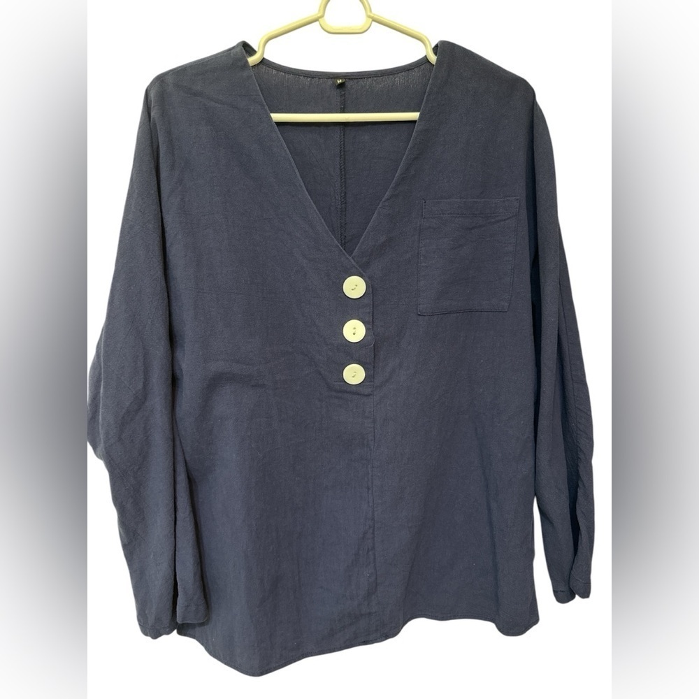 Navy Blue Buttoned Cotton Tunic Top
